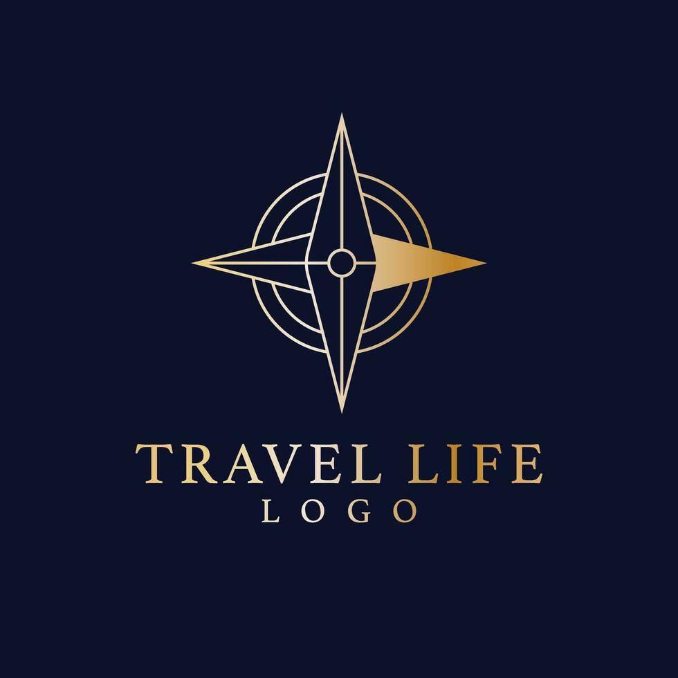 Travel life vector logo design. Minimalistic compass logotype. Elegant gold travel logo template.