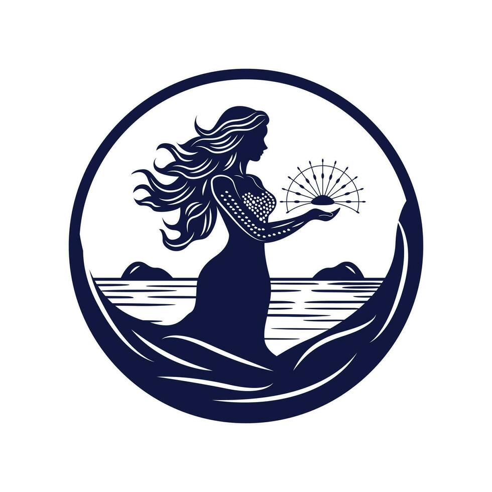 Beautiful woman silhouette vector illustration. Mermaid in ocean logo emblem template. Flat logo design.