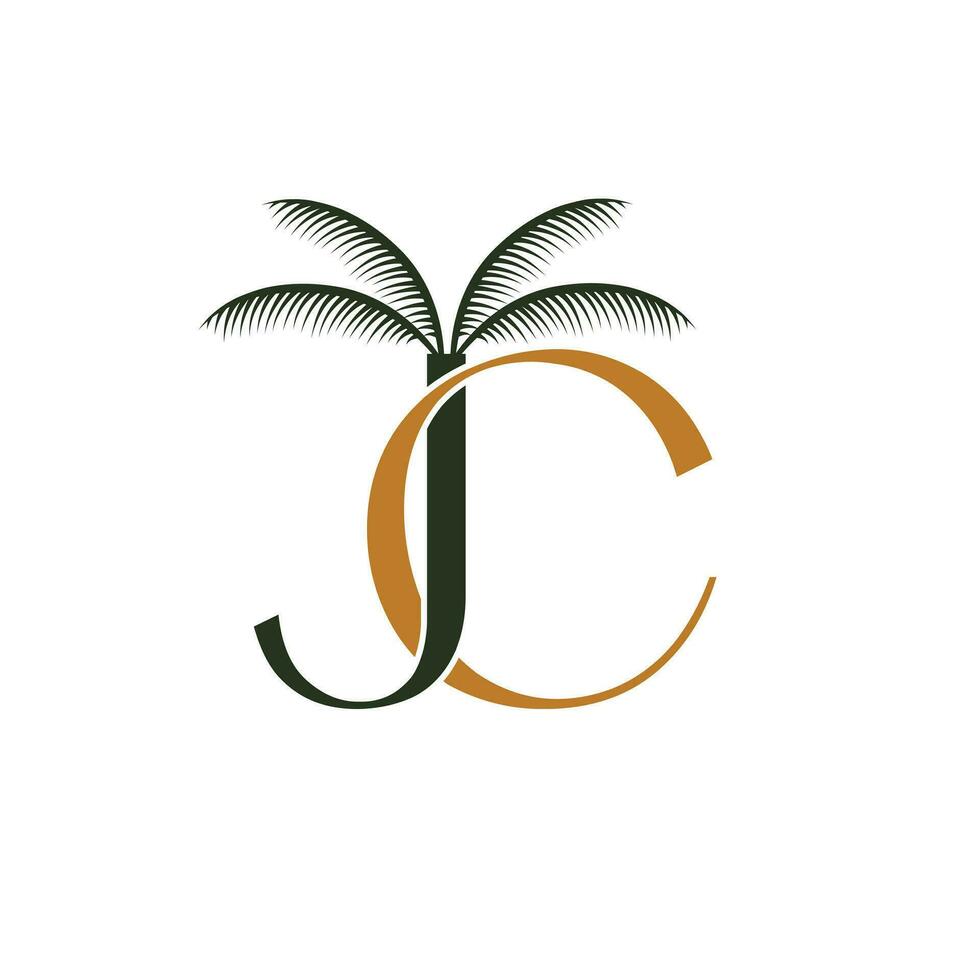 JC initials monogram logo design. Palm tree and letters C and J logo emblem. vector
