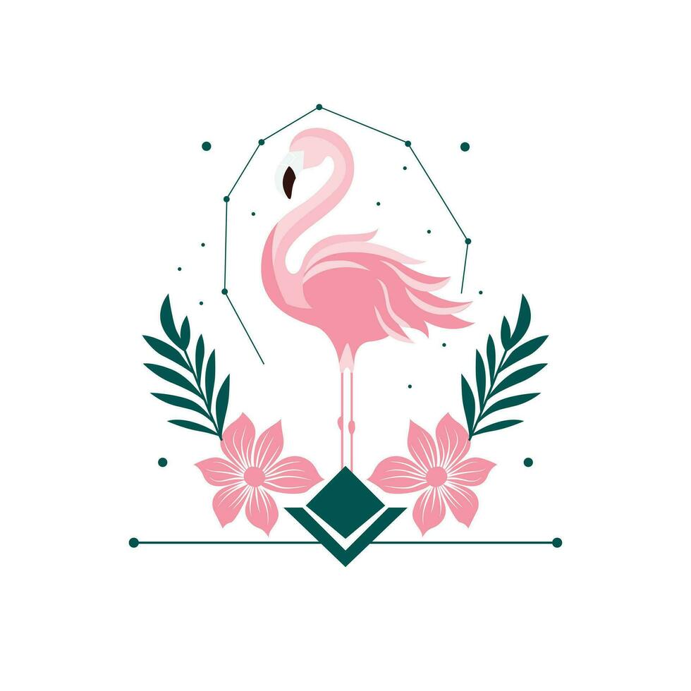 Flamingo and flowers abstract illustration. Vector icon of tropical bird and natural ellements.