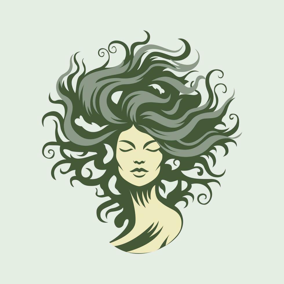 mujer en forma de roble árbol con ondulación cabello. resumen belleza industria vector logo diseño. único ilustración.