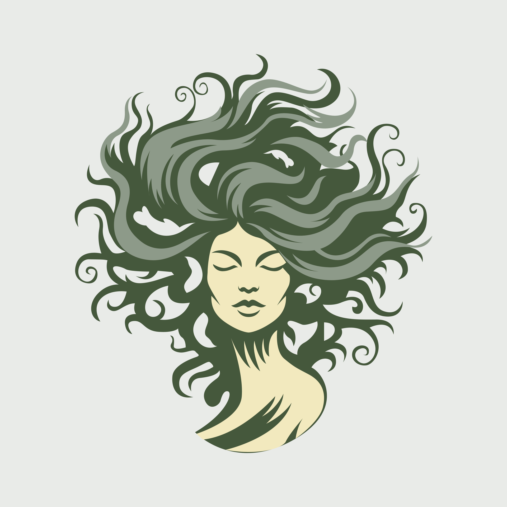 Woman in shape of oak tree with waving hair. Abstract beauty industry