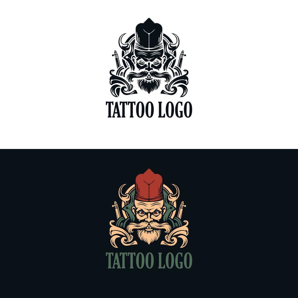 tatuaje logo diseño. guerrero en sombrero y largo Bigote vector modelo.