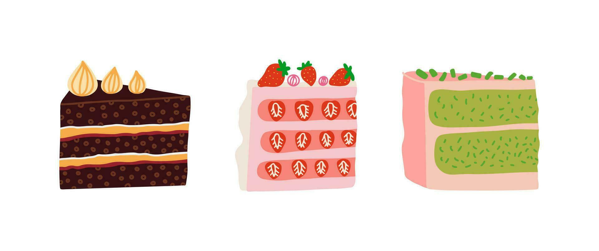 Set of different cake slices with cream. Birthday cake pieces, Strawberry, chocolate cakes. Vector illustration.