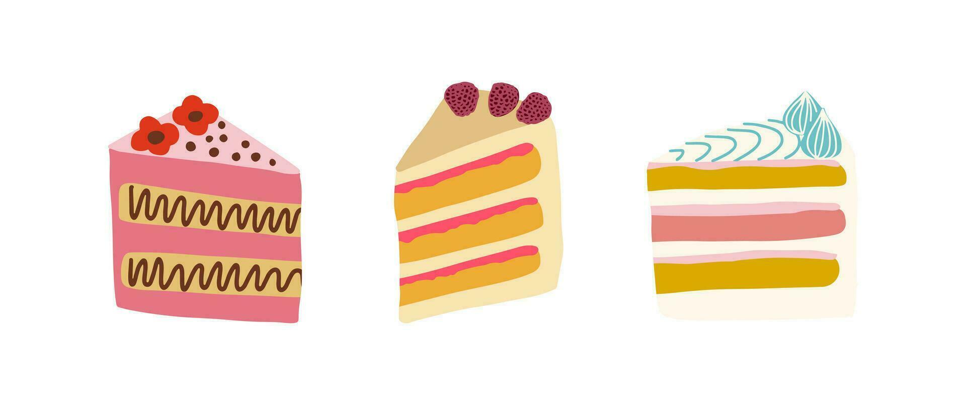 Set of different cake slices with cream. Birthday cake pieces, Strawberry, chocolate cakes. Vector illustration.