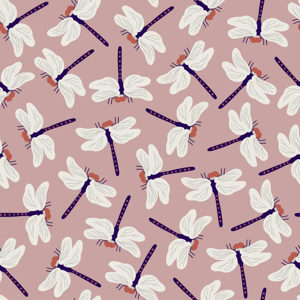 Seamless pattern with dragonflies on pink background. Dragonflies repeat pattern for textile, fashion, paper design. Colorful spring summer garden vector illustration.