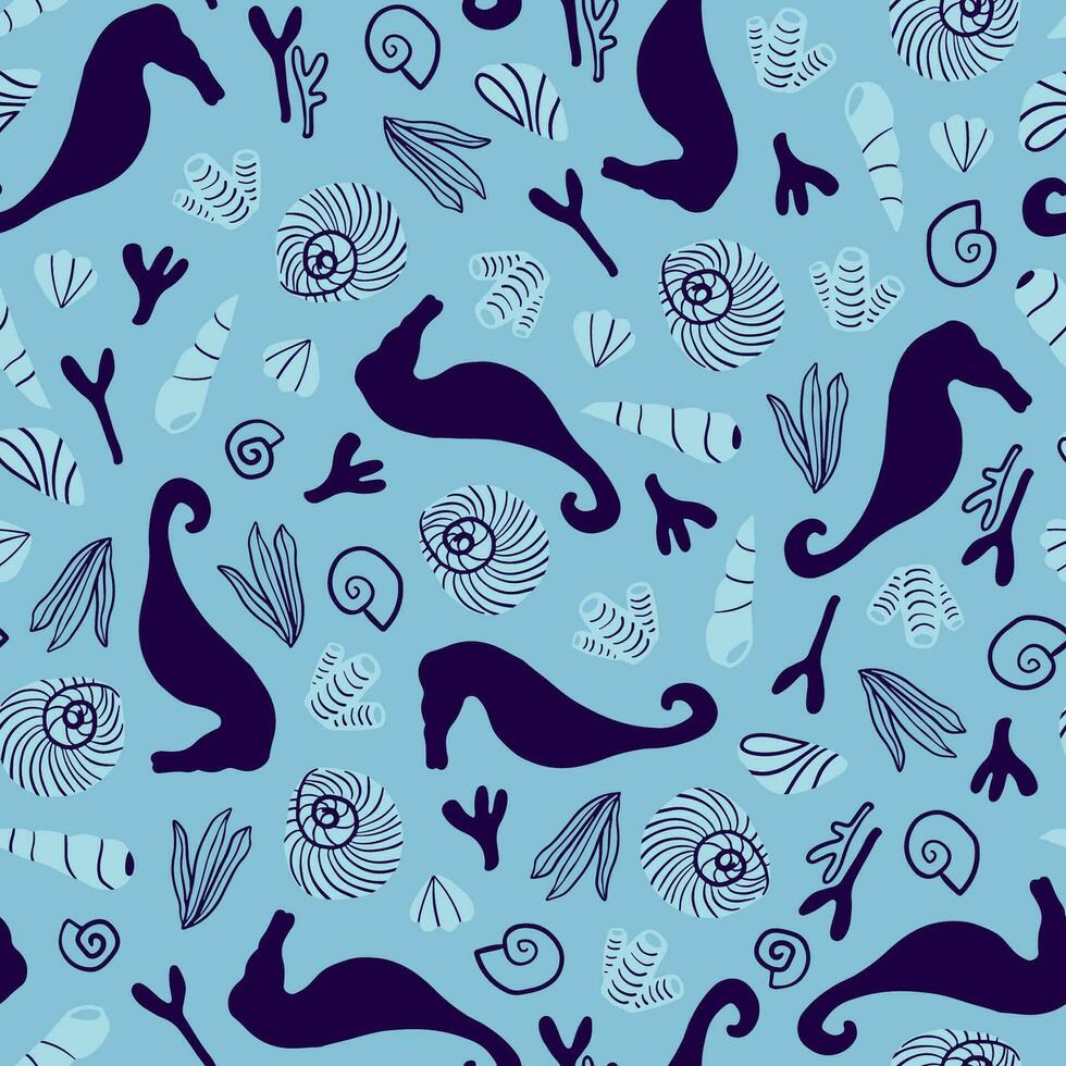 Sea life, ocean seamless pattern with underwater life objects, seahorses, corals, algae and seashells in blue and white colors. Summer, beach, vacation hand drawn repeat pattern. vector