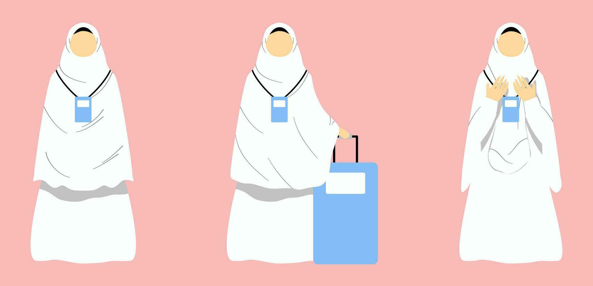 Set of Muslimah Hajj Faceless Wearing Ihram, Islamic Pilgrimage Vector Cartoon Illustration