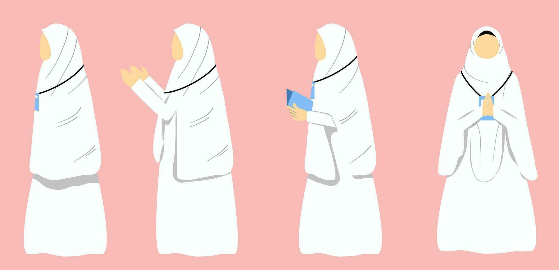 conjunto de muslimah hajj sin rostro vistiendo ihram, islámico peregrinaje vector dibujos animados ilustración