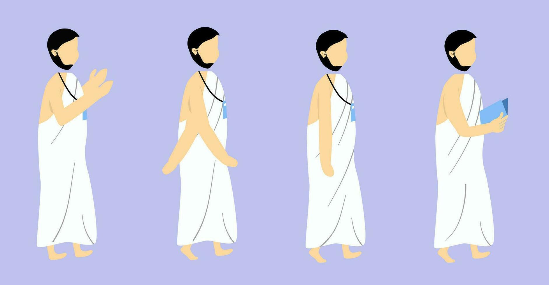 Set of Muslim Hajj Faceless Wearing Ihram, Islamic Pilgrimage Vector Cartoon Illustration