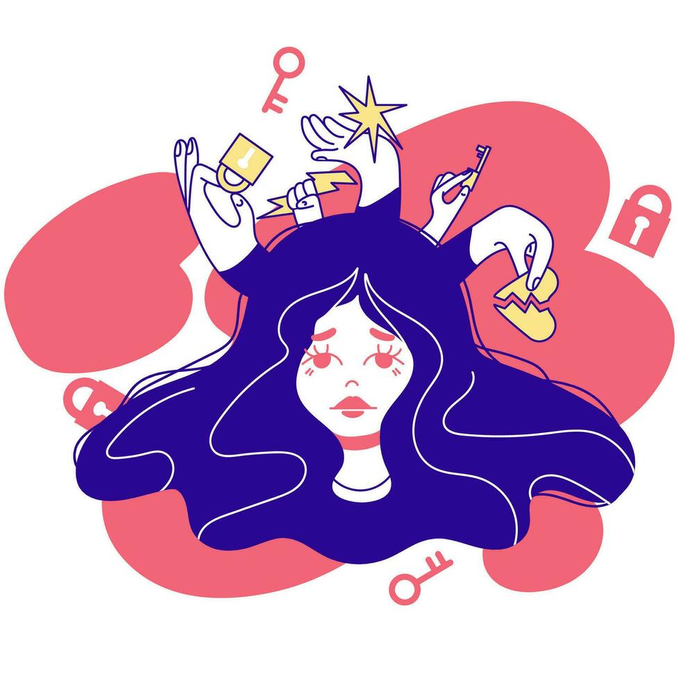 Upset distressed girl suffer from panic stressful ideas, have psychological mental problems. vector
