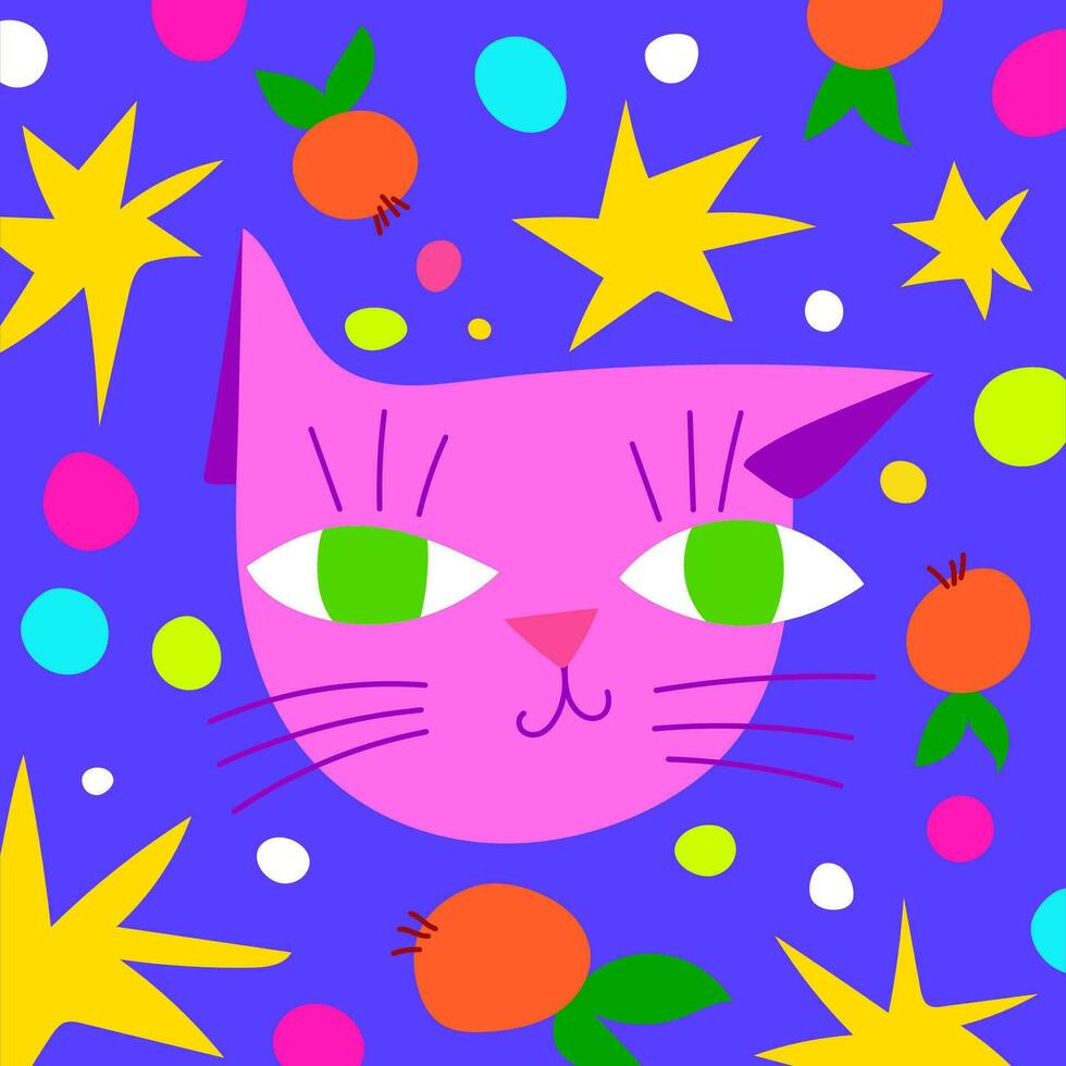 Funny cat with star and berries on blue background vector