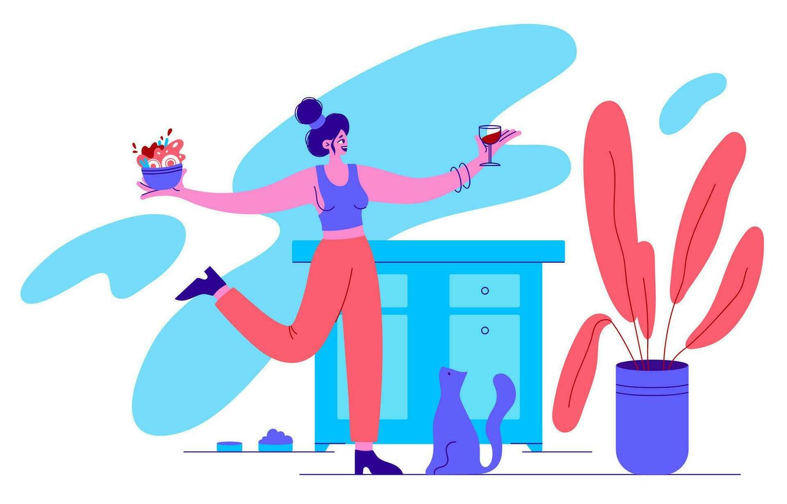 Vector illustration of a woman domestic activities, relaxing at home with a cat and a delicious meal