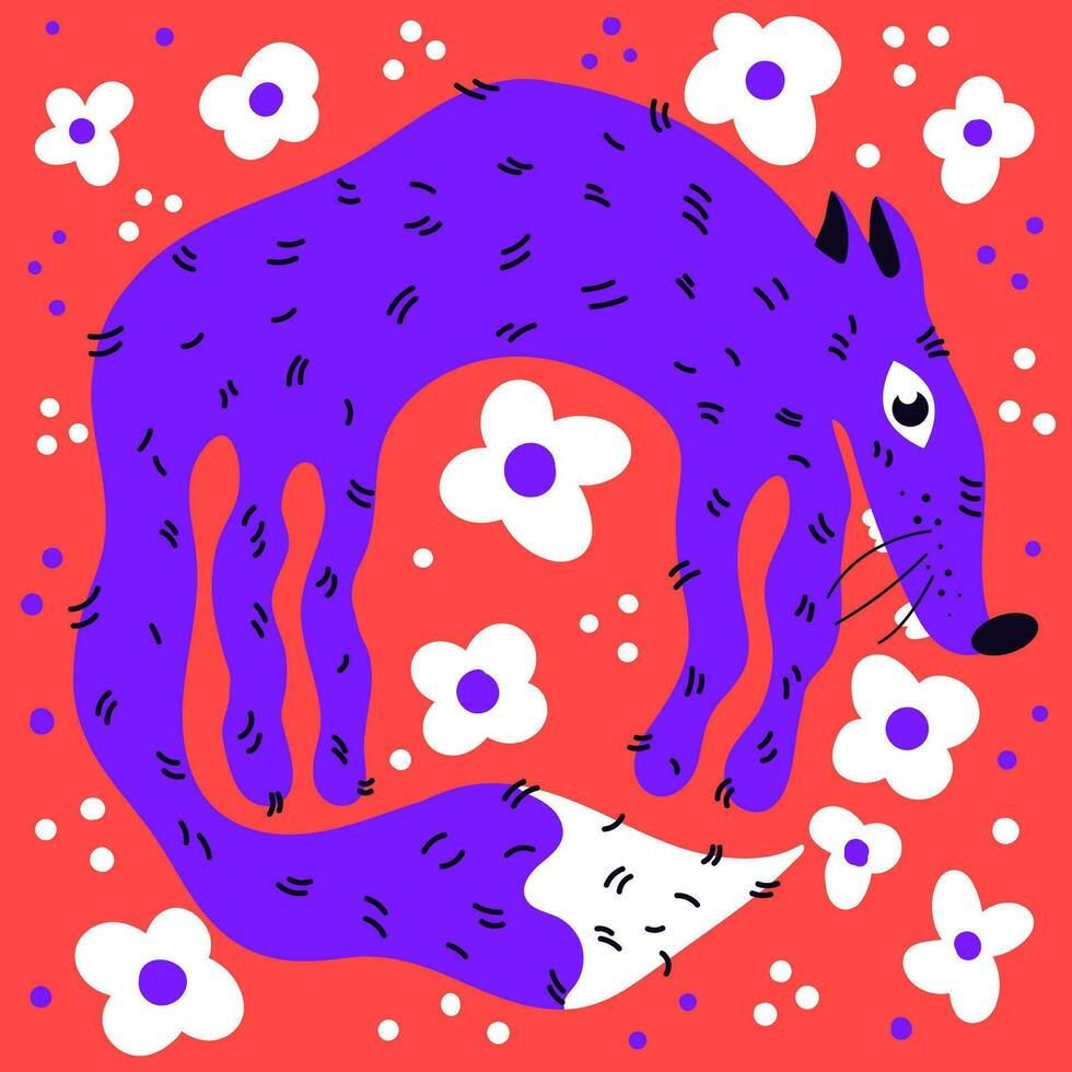 Cute cartoon-styled hand drawed fox surrounded with flowers. Vector animal image.