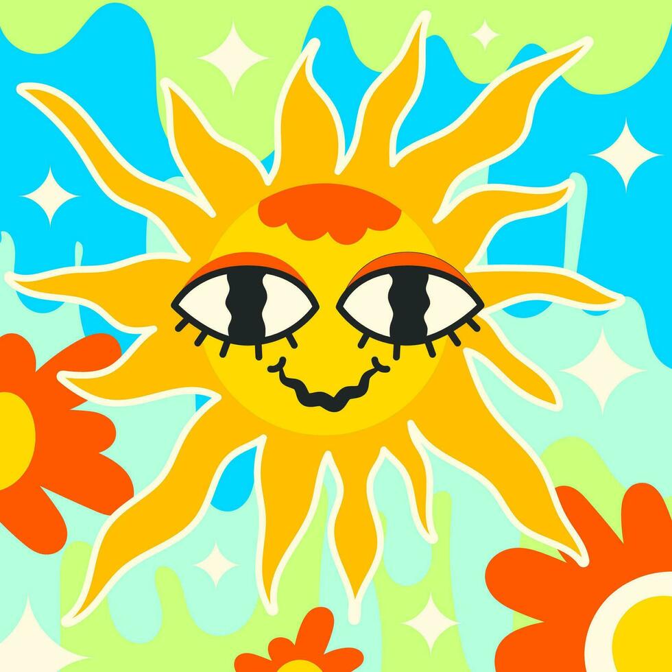 Retro Hand Drawn Sun Print 70s style vector