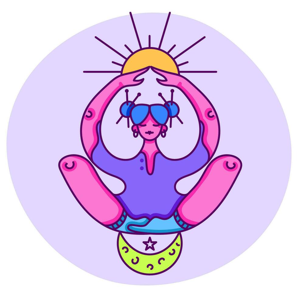 Young and happy woman meditates with sun and moon in harmony vector