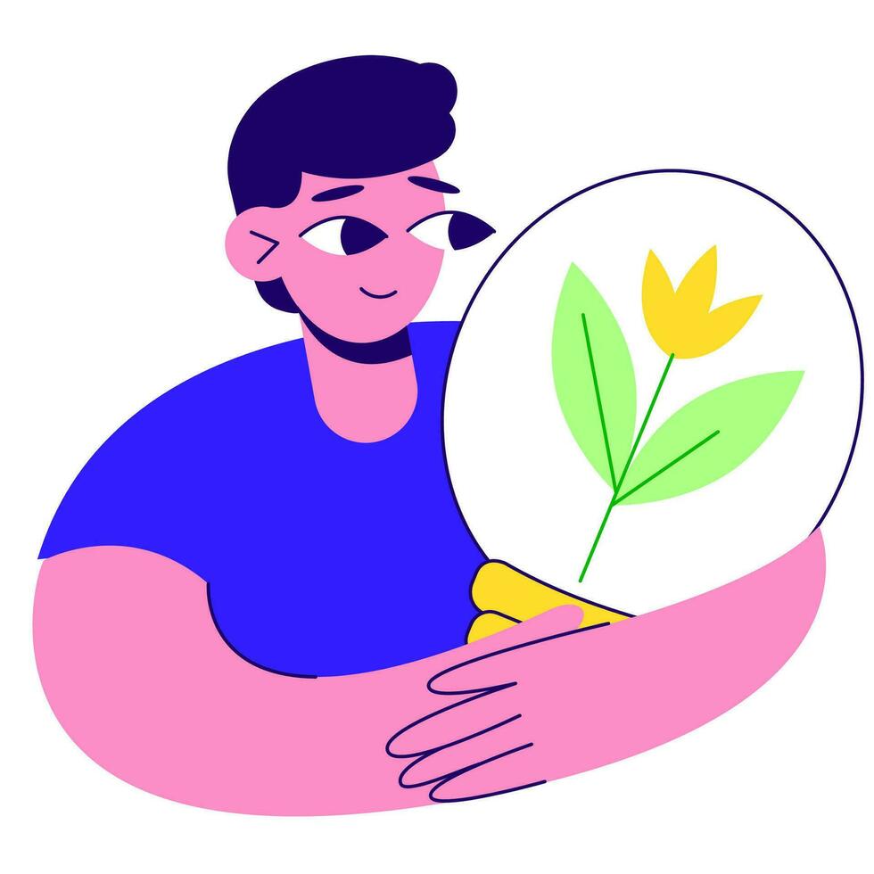 A man with an eco-lamp in his hands, a flower in a lamp. vector