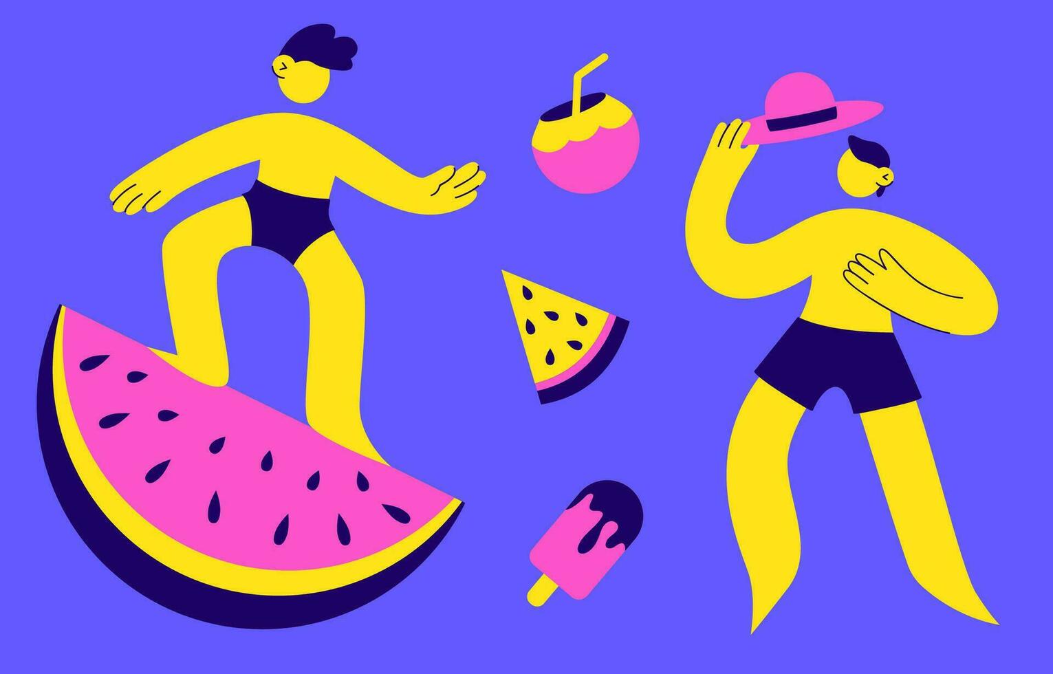 Young people relaxing on the beach set. vector illustration of flat cartoon characters. summer vacation set, fruit, ice cream and cocktails