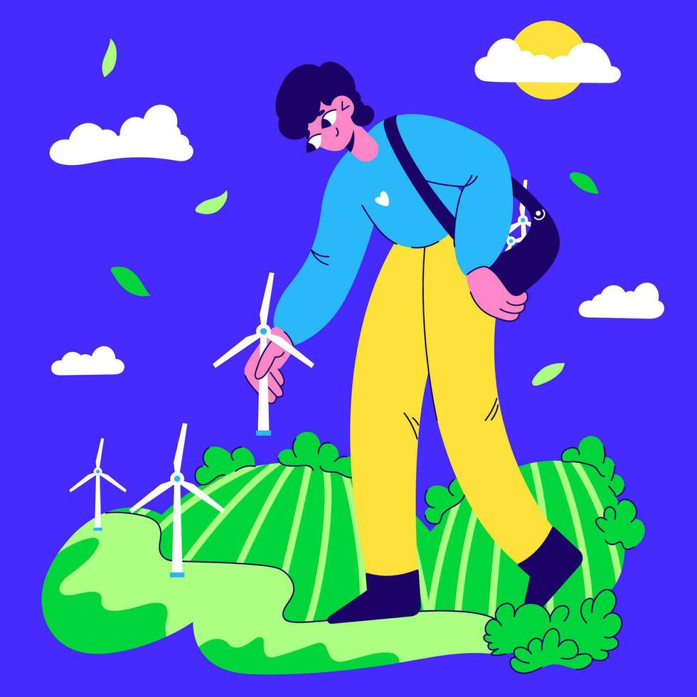 People taking care of the Earth, putting up wind turbines vector