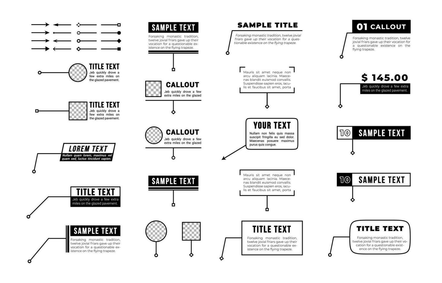 Digital callouts titles. Callout bar labels, information call box bars and modern digital info boxes layout templates vector illustration set