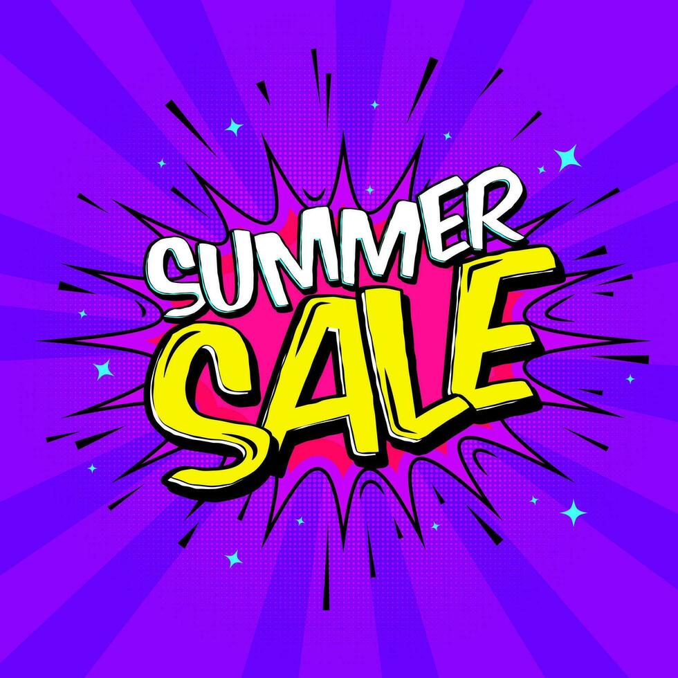 Trendy Promotion poster summer sale. Colorful background in pop art retro comic style. Summer Sale Template Design magenta purple yellow colors, Sale Banner for Social Media Post. vector