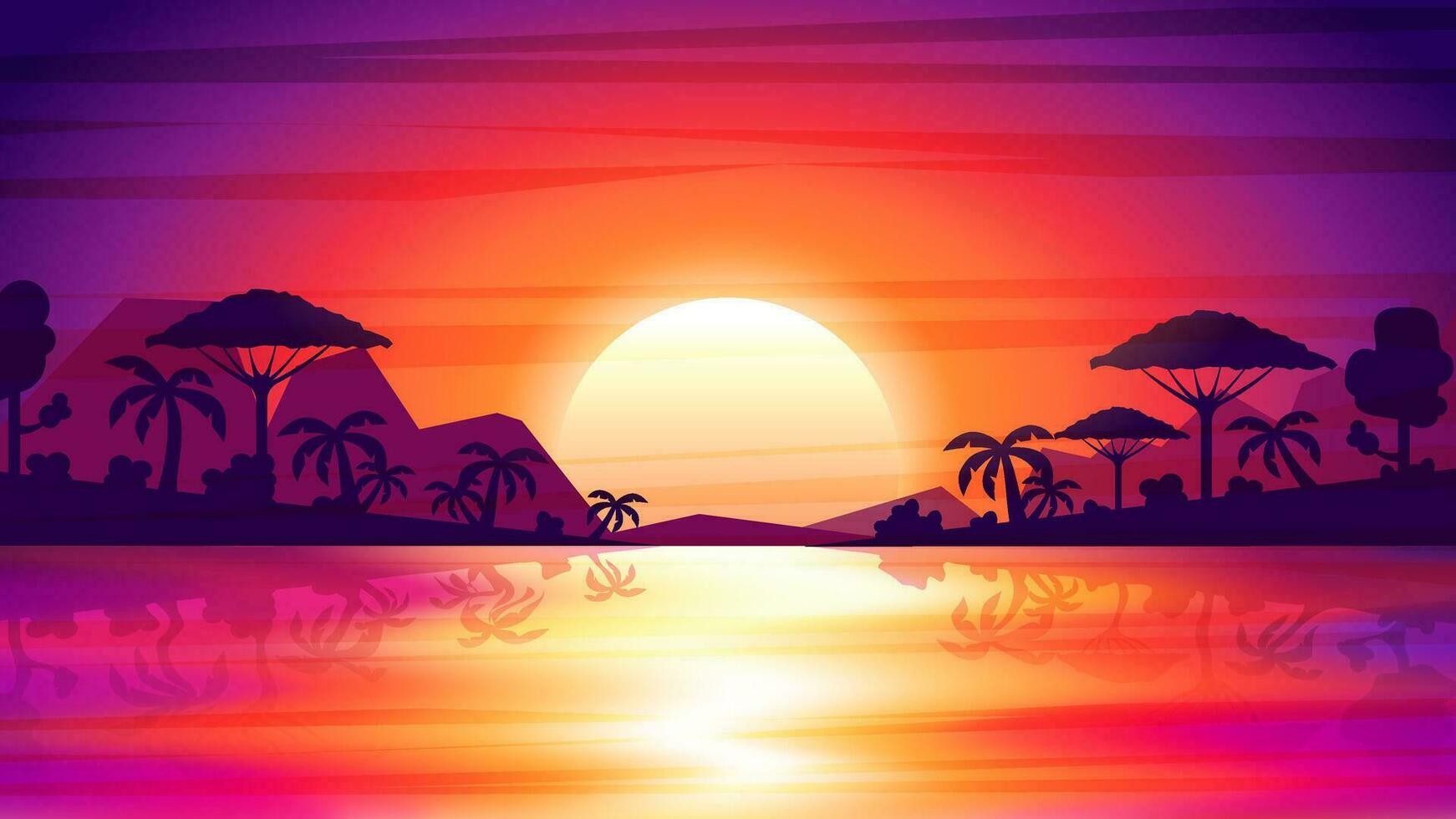 Bay landscape at sunset. Travel poster or sticker. Tropical island paradise sunset, ocean, beach and palm trees. Summer vacation holiday. Vector, isolated. Summer placard poster flyer invitation card vector