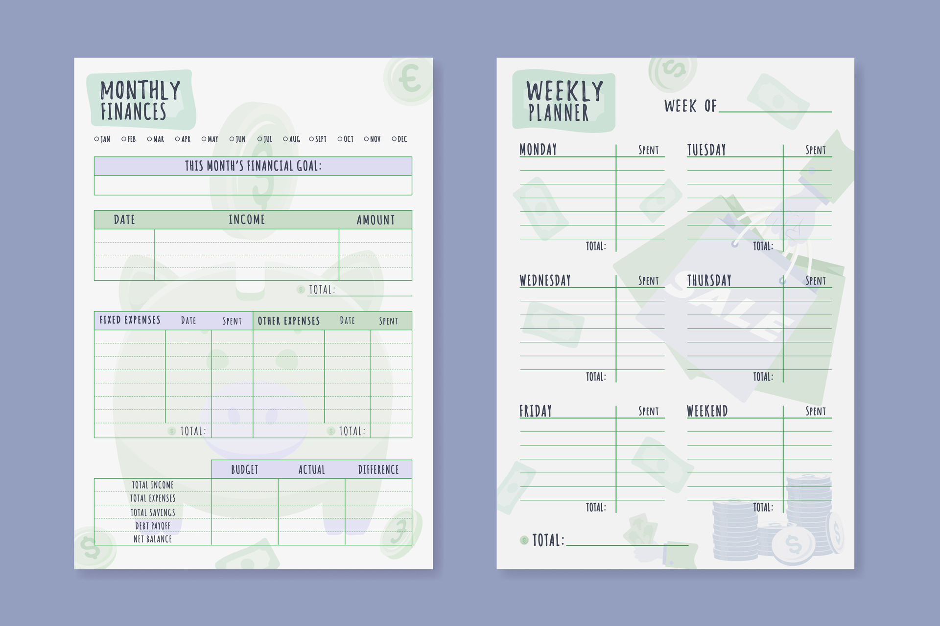A set of Monthly and Weekly budget planner Cute finance planner