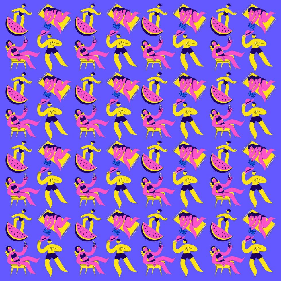 pattern people in bathing suits relaxing on the beach of vector flat isolated illustrations.