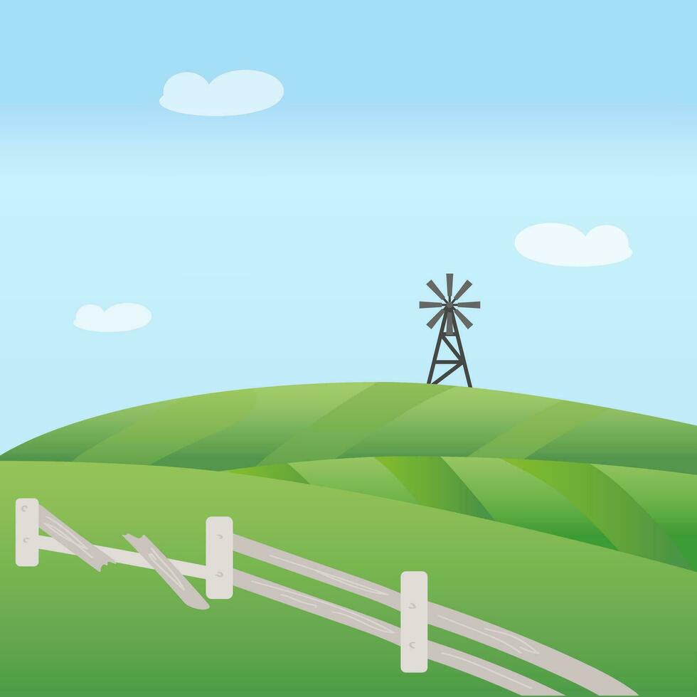 Vector farm green field with broken white wooden fence and gray windmill. Blue sky with white clouds. EPS10