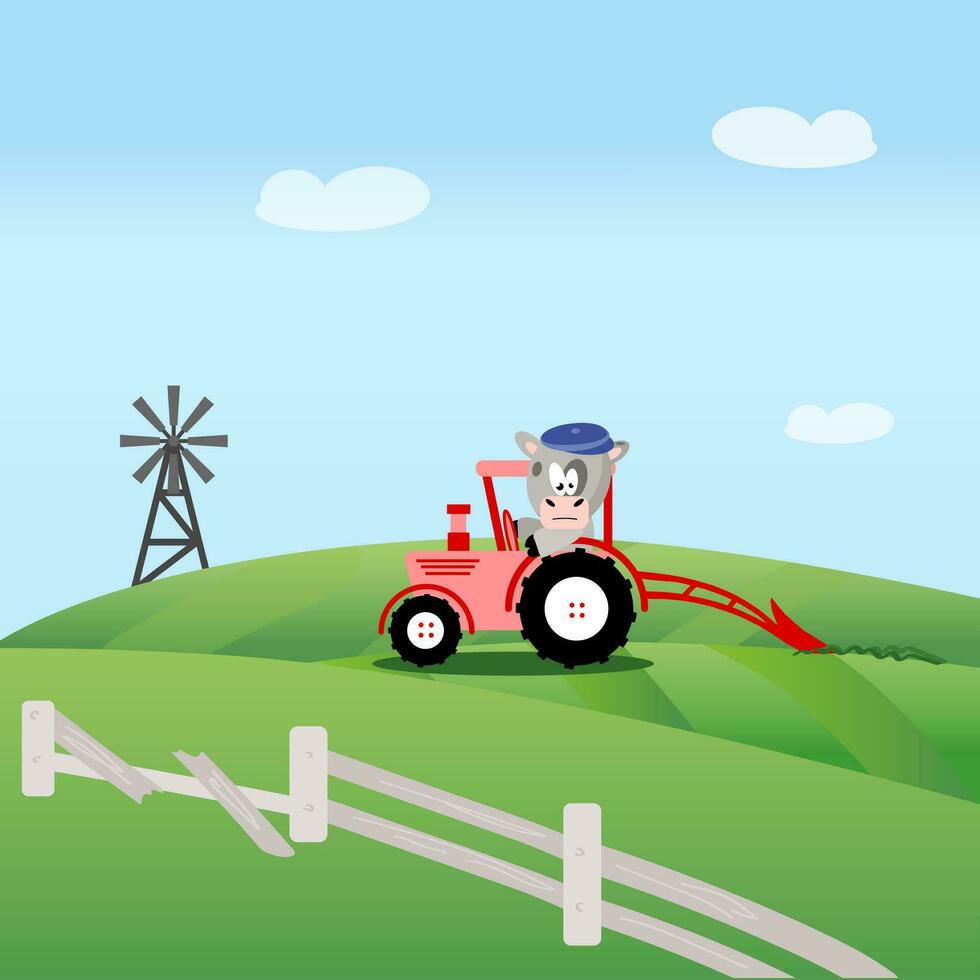 Red farm tractor with gray bull driver with brown cap on white background. Green field with broken wooden fence and windmill. Blue sky with white clouds. Vector. EPS10. vector