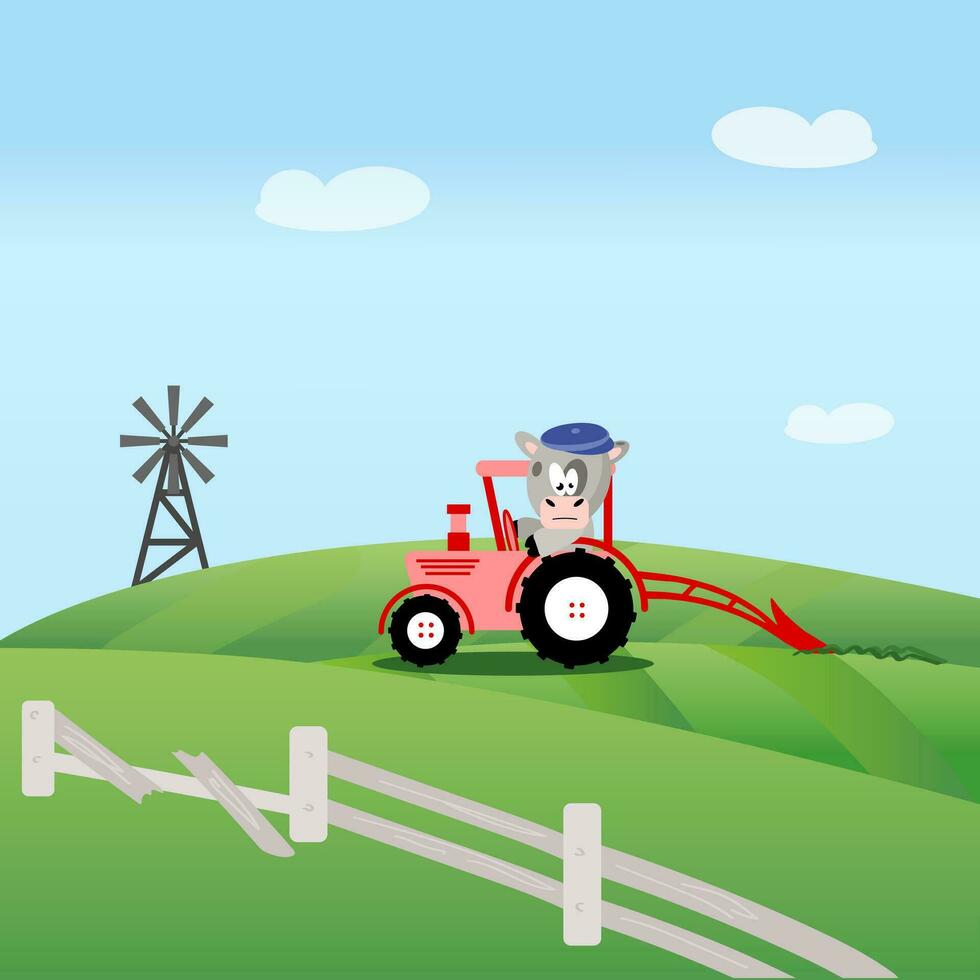 rojo granja tractor con gris toro conductor con marrón gorra en blanco antecedentes. verde campo con roto de madera cerca y molino. azul cielo con blanco nubes vector. eps10. vector