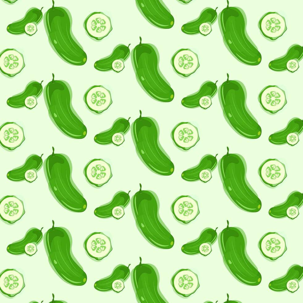 Vector drawing of a green whole cucumber and slice with highlights and shadows in watercolor style on a light background.