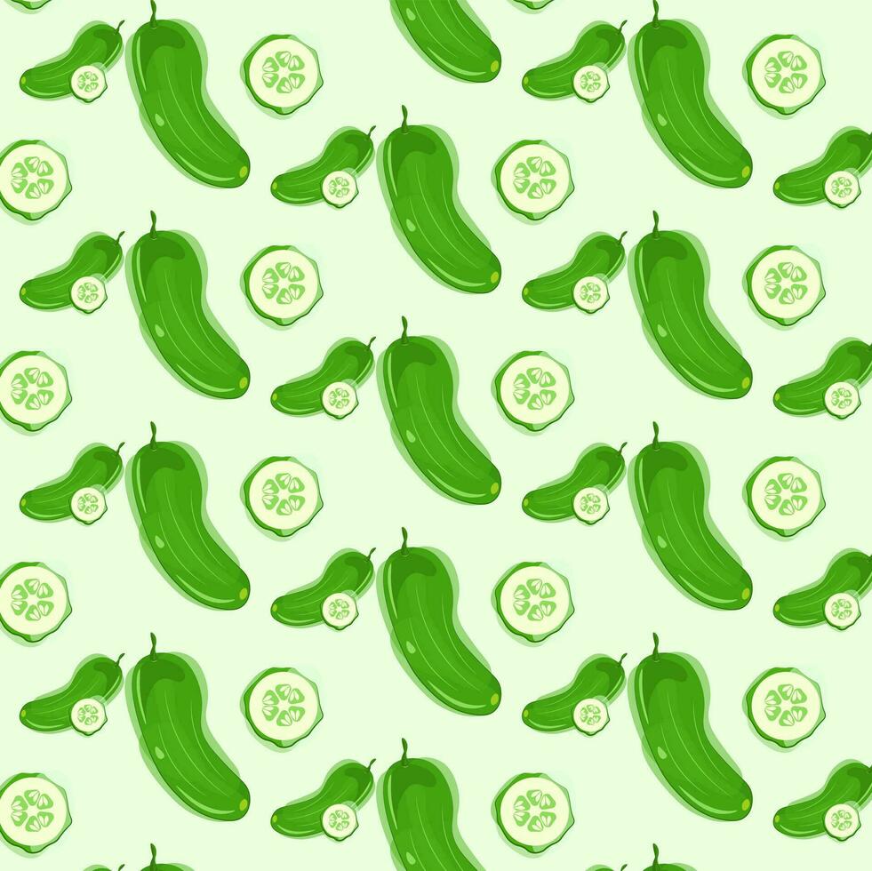 Vector drawing of a green whole cucumber and slice with highlights and shadows in watercolor style on a light background.