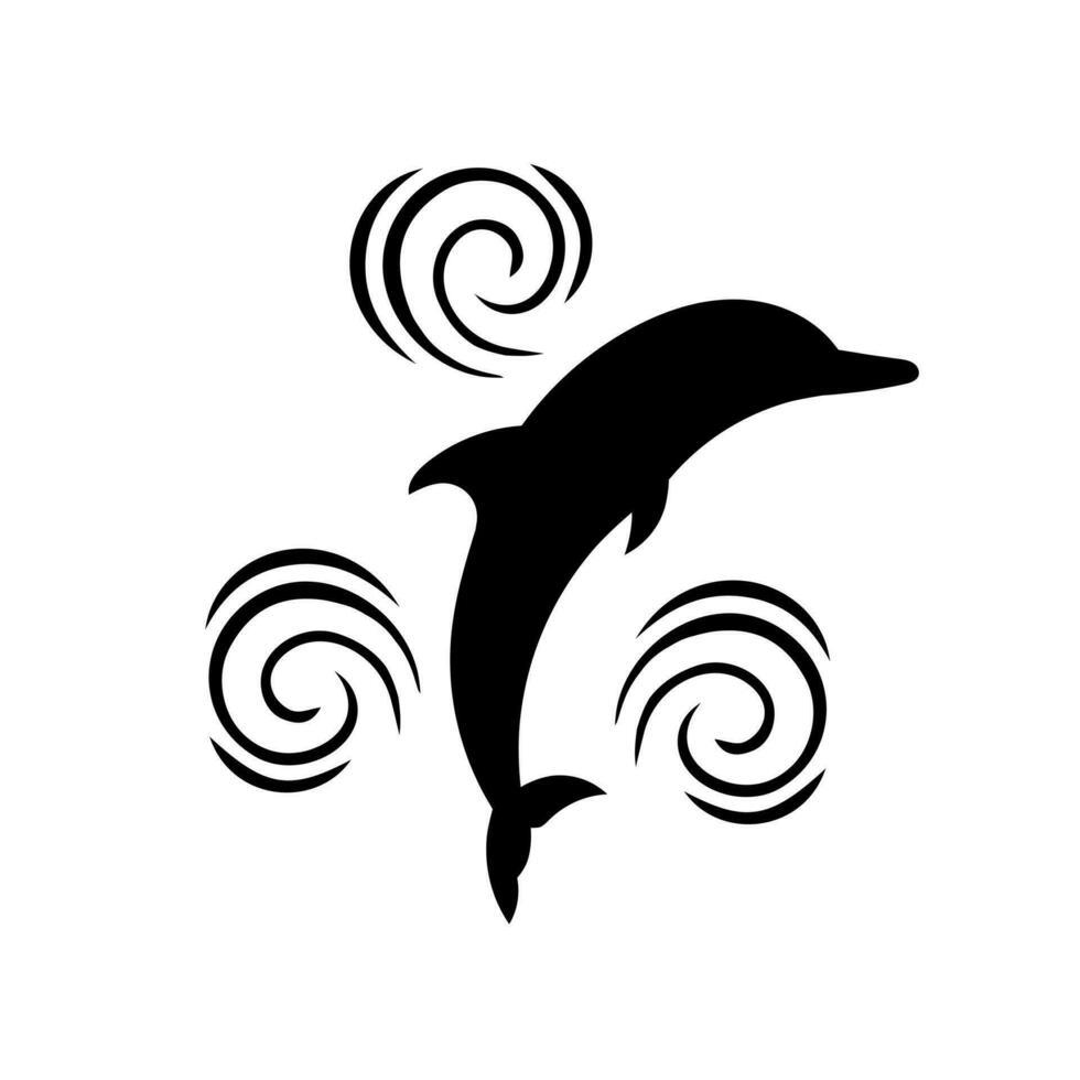 Dolphin silhouette with waves. Black silhouette of a dolphin on a white background. Vector illustration.