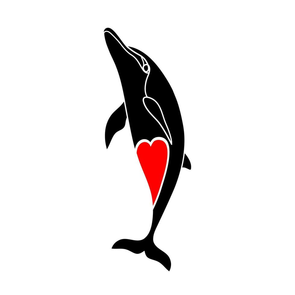 Vector illustration of heart with dolphin. Symbol of fish, care and love for animals.