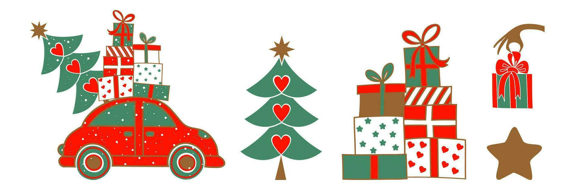 New Year s set with templates for greeting cards. A Christmas tree, a red car with gifts, a hand with a gift box and a gold star. vector