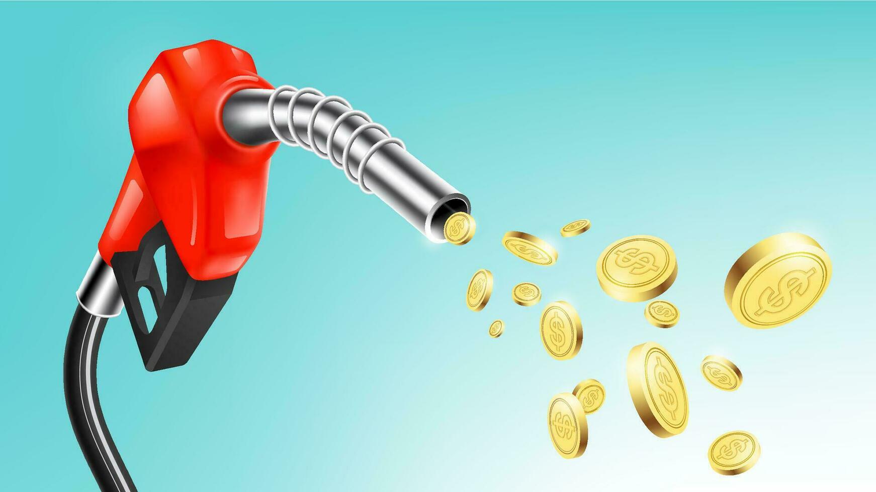 Gasoline red fuel pump nozzle isolated with sucking money coin on blue background, oil industry and refuel service concept, vector illustration