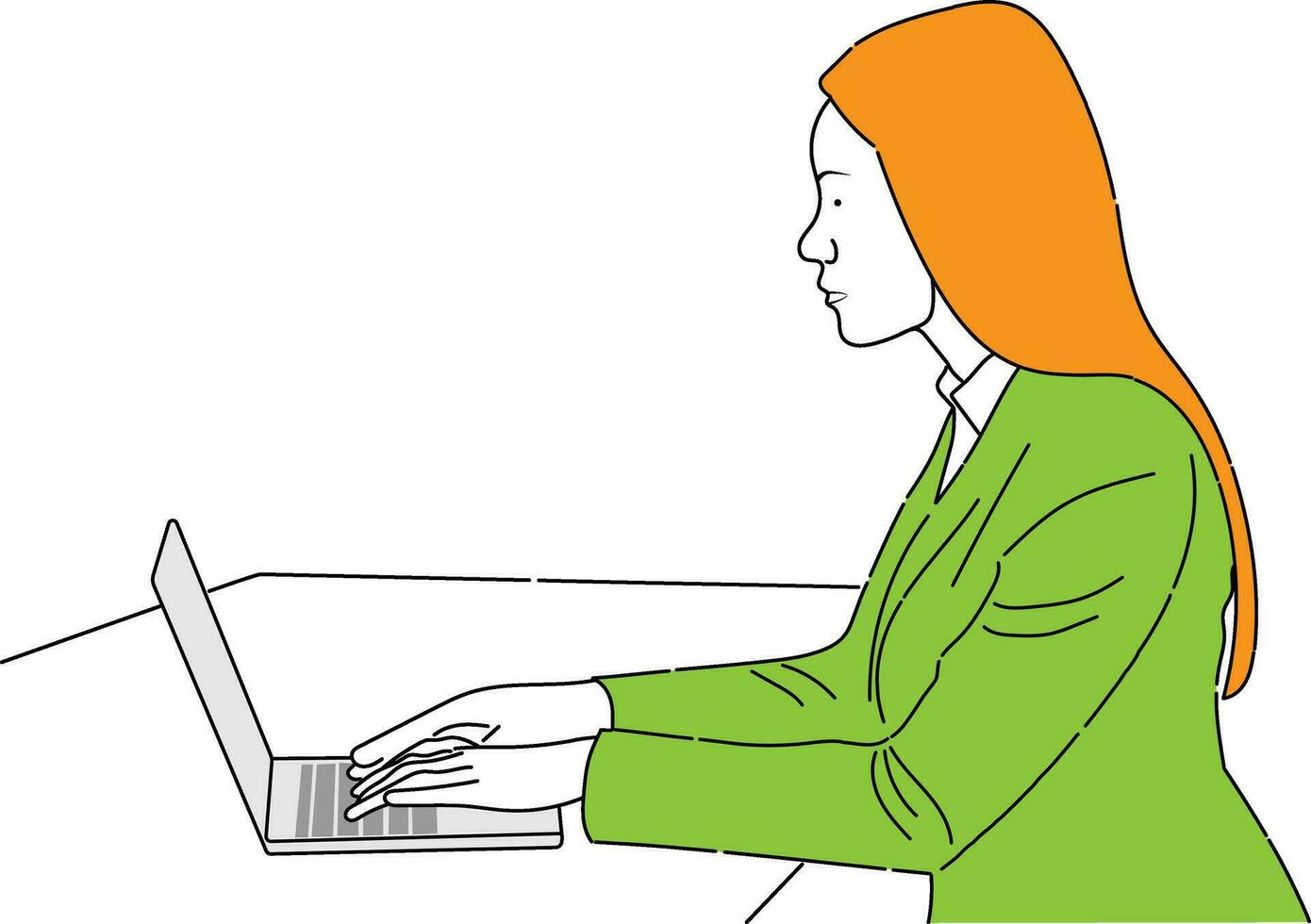 A businesswoman is sitting at a laptop. The girl is surfing the Internet or working at a computer. Vector single line hand drawing sketch illustration.