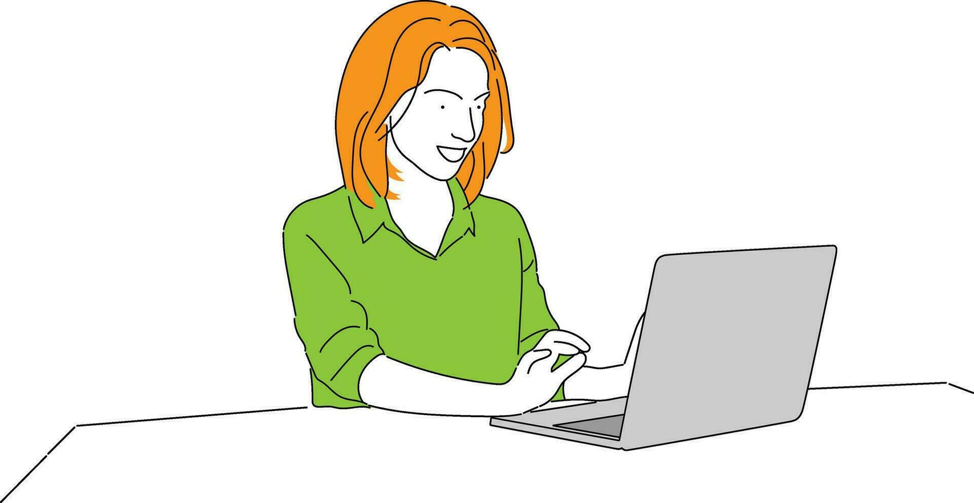 un mujer de negocios es sentado a un ordenador portátil. el niña es surf el Internet o trabajando a un computadora. vector soltero línea mano dibujo bosquejo ilustración.