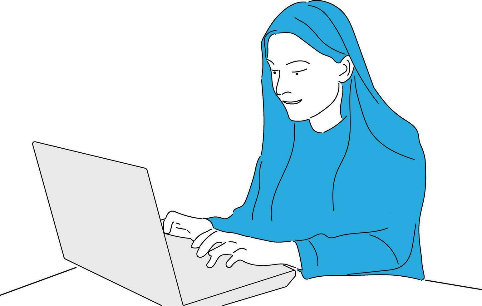 A businesswoman is sitting at a laptop. The girl is surfing the Internet or working at a computer. Vector single line hand drawing sketch illustration.