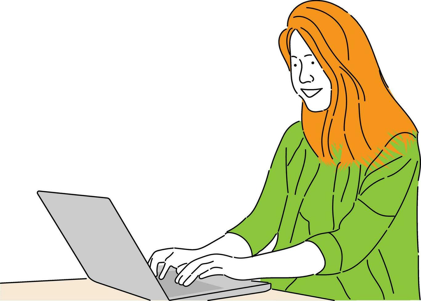 A businesswoman is sitting at a laptop. The girl is surfing the Internet or working at a computer. Vector single line hand drawing sketch illustration.