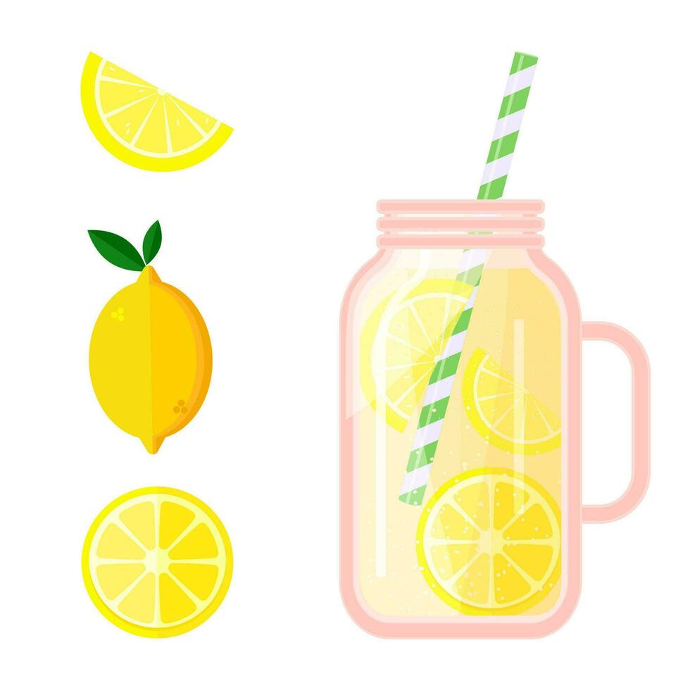Fruit juice in a transparent glass jar, straw tube. Freshly squeezed lemon juice. Template. Vector illustration