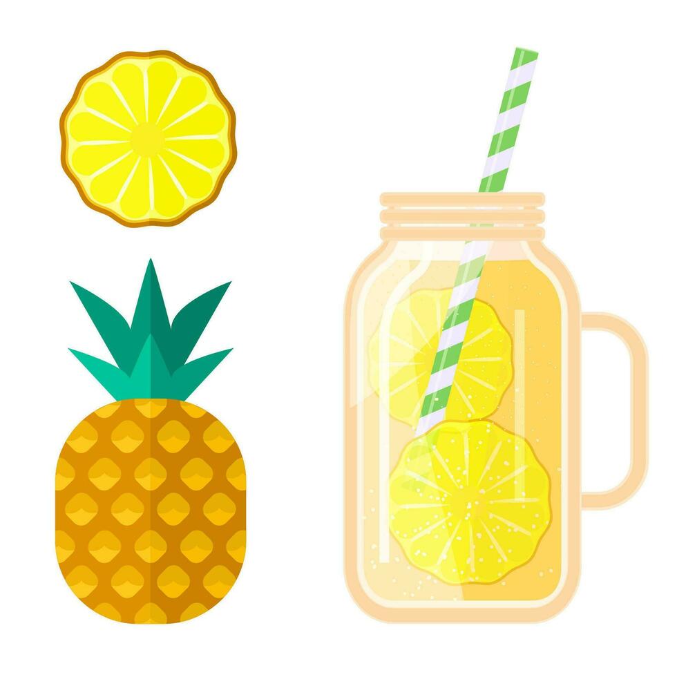 Fruit juice in a transparent glass jar, straw tube. Freshly squeezed pineapple juice. Template. Vector illustration