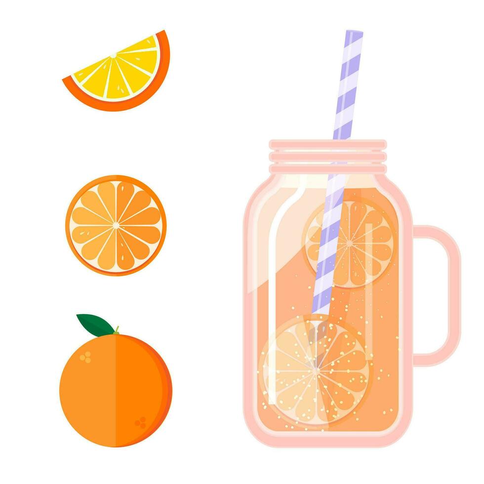 Fruit juice in a transparent glass jar, straw tube. Freshly squeezed orange juice. Template. Vector illustration