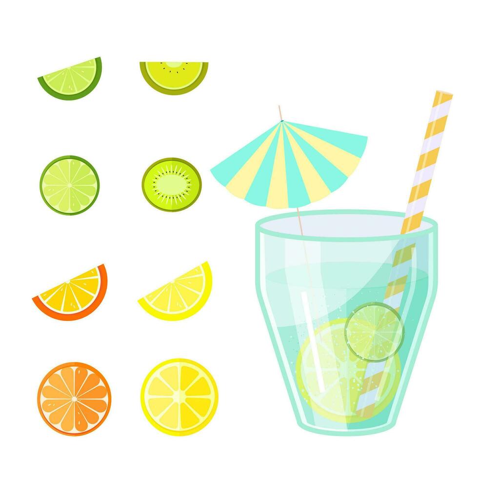 conjunto para un cóctel, recién exprimido jugos frutas, cítricos, vaso, pajitas, cóctel paraguas vector ilustración