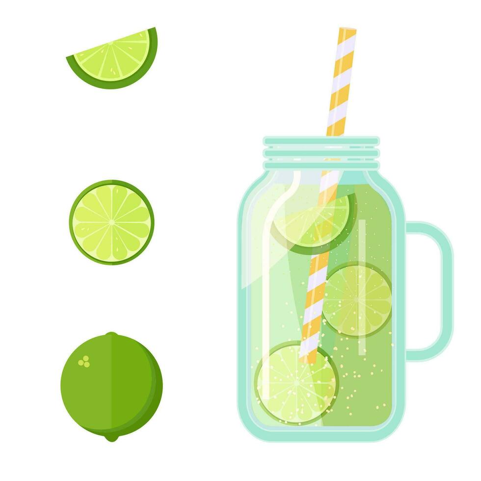 Fruit juice in a transparent glass jar, straw tube. Lime drink. Template. Vector illustration