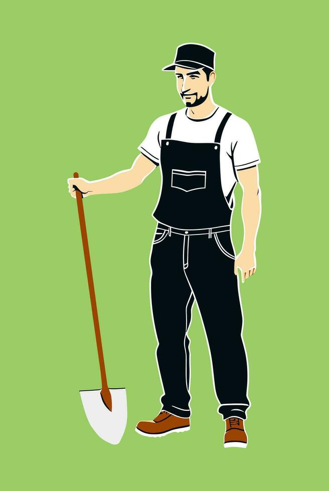 Gardener, man in overalls and a hat holding a shovel, vector illustration on a green background.