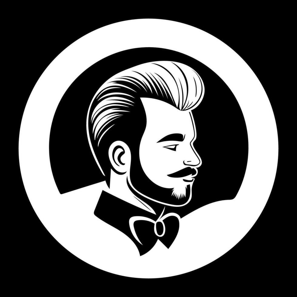 un hombre en arco atar, con un de moda Corte de pelo, Bigote y barba en perfil, un logo para un Barbero tienda. vector