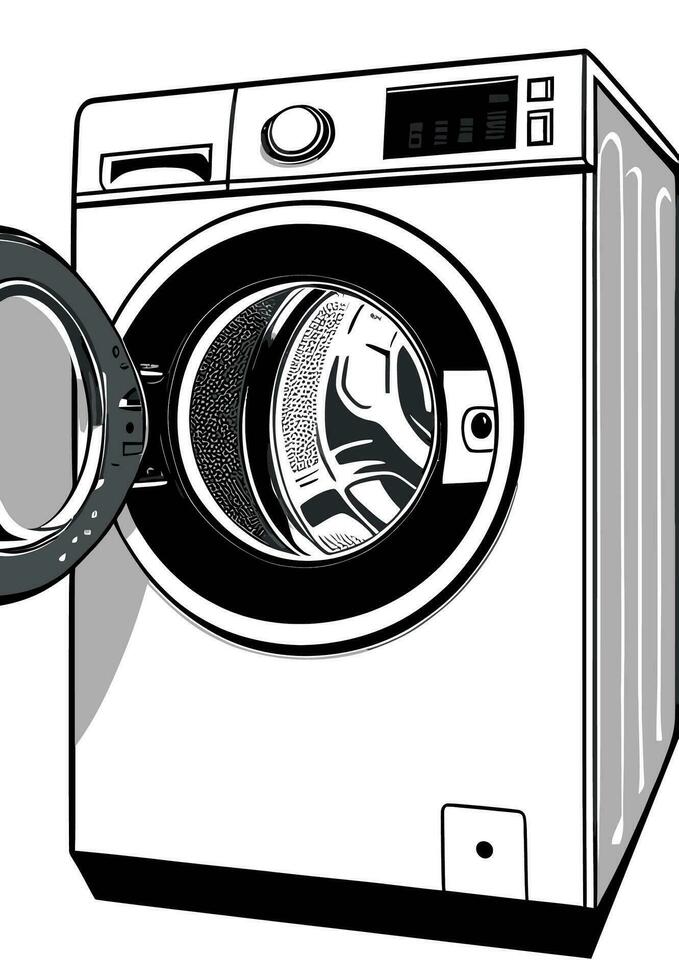 A washing machine with its door open, revealing the inner workings of the machine, vector