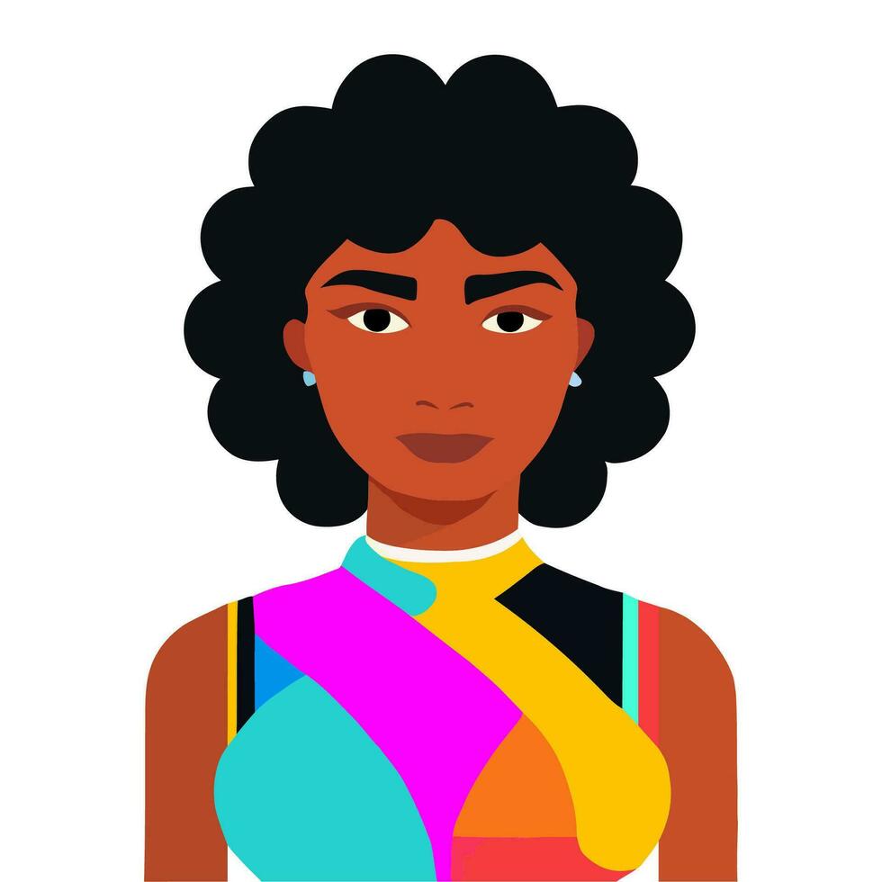 hermosa mujer con un afro peinado vistiendo un vistoso vestido, vector artístico ilustración de diversidad y humano derechos.